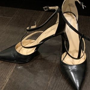 Black leather t-strap heels